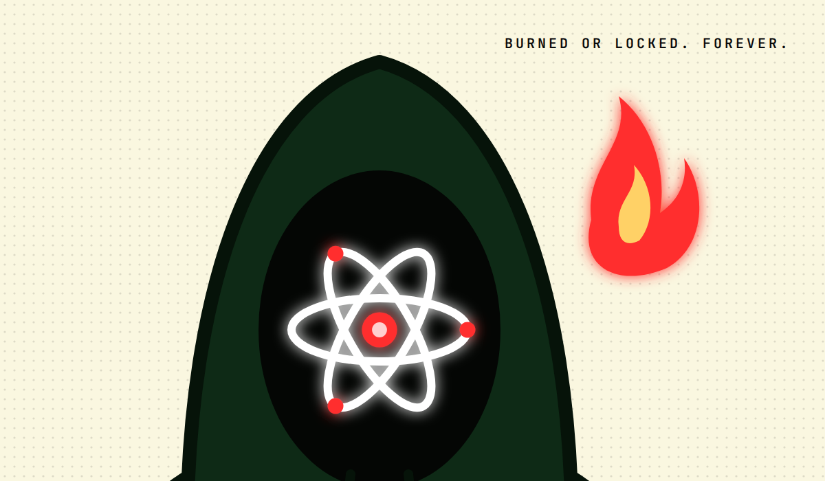 Atoms mascot close-up with a flame